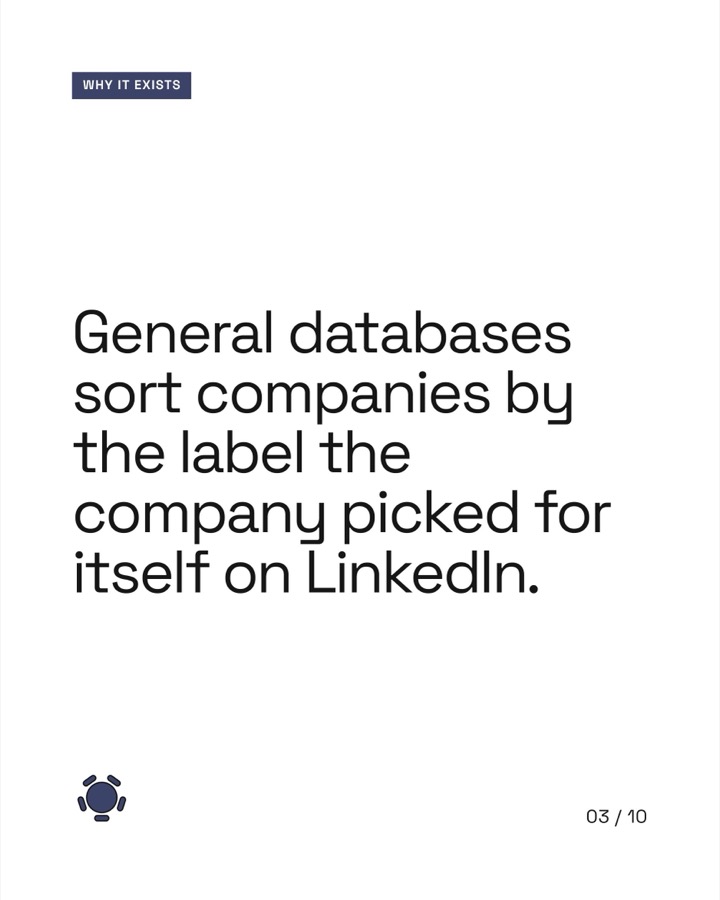 Why it exists: General databases sort companies by the label the company picked for itself on LinkedIn.