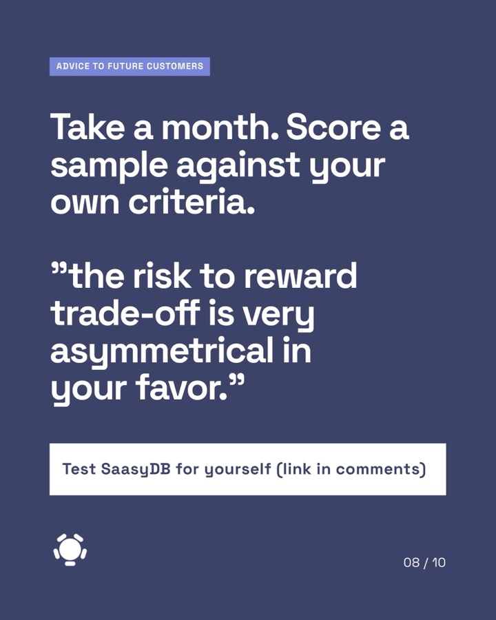 Advice to future customers: take a month, score a sample against your own criteria — "the risk to reward trade-off is very asymmetrical in your favor."